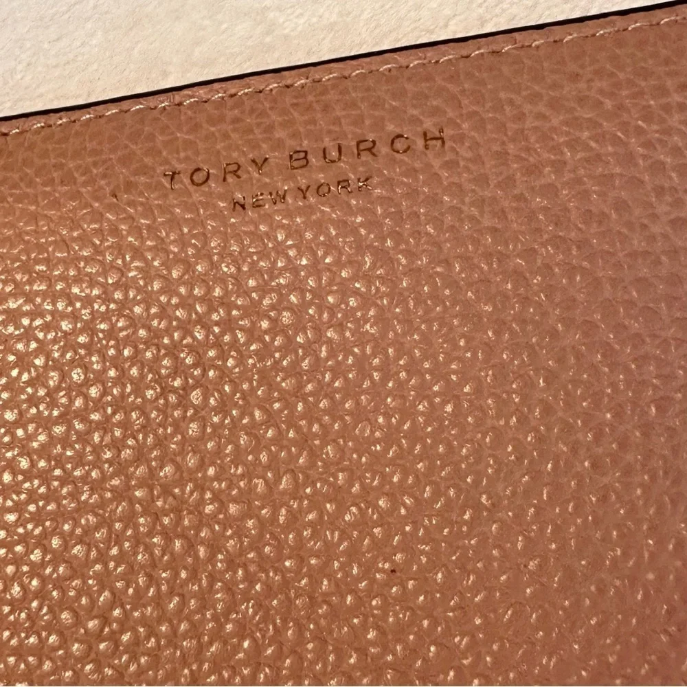 Tory Burch Perry Color Block Bifold Pebbled Leather Wallet pink yellow brown red